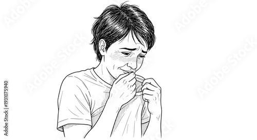 Line art drawing depicting a young person struggling with overwhelming sadness and emotional