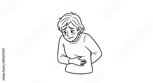 Simple line art depicting a person grappling with intense stomach pain and discomfort,