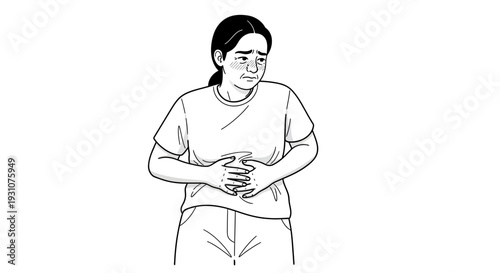 Hand-drawn illustration of a person experiencing intense abdominal pain or stomach cramps