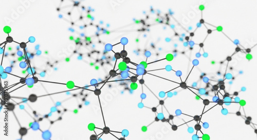 Molecular structure with interconnected nodes and bonds in blue green and black on a white background for science and technology concepts