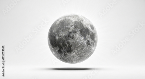 Gray moon floating in space with craters and shadows on a white background lunar surface details visible