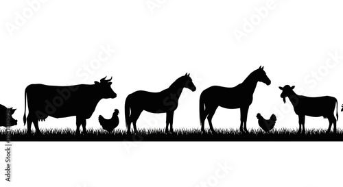Farm Animals Silhouette Border - Cow, Horse, Goat, Chicken on Grass