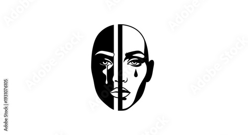Striking monochromatic illustration of a divided face showcasing contrasting emotions and human