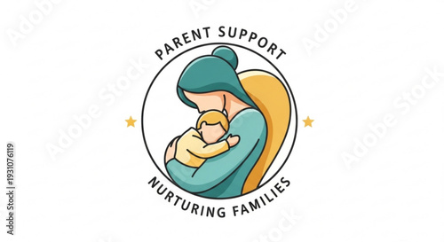 Mother holding baby illustration nurturing families concept parent support logo design gentle colors circular frame white background