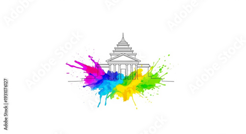 Vibrant paint splashes erupting around ancient temple illustration with bright colors and dynamic energy