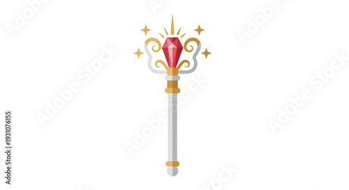 Magical wand with red gemstone and golden accents on white background sparkling stars fantasy illustration symbolic power