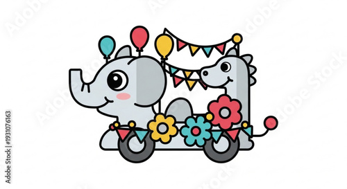 Cartoon elephant and dinosaur ride colorful tricycle with flowers and balloons for kids party