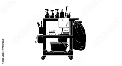 Professional cleaning service cart filled with various supplies for maintaining spotless