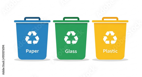 Colorful recycling bins for paper glass and plastic on white background eco friendly waste management concept