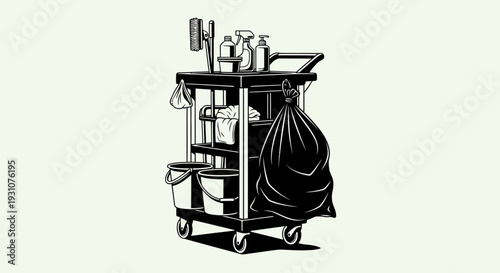 Essential cleaning service equipment cart with various supplies and a trash bag graphic art