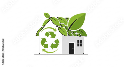 Eco friendly house with green leaves and recycling symbol on side sustainable living concept