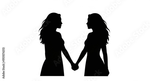 Two women in silhouette holding hands facing each other in a symbol of friendship and unity on white background