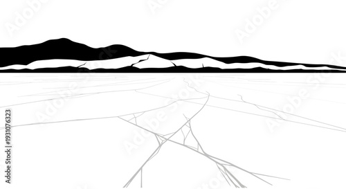 Minimalist monochrome winter landscape featuring dark mountains and a vast expanse of cracked icy