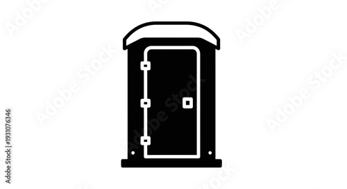 Minimalist black silhouette icon of a portable outdoor restroom for temporary use