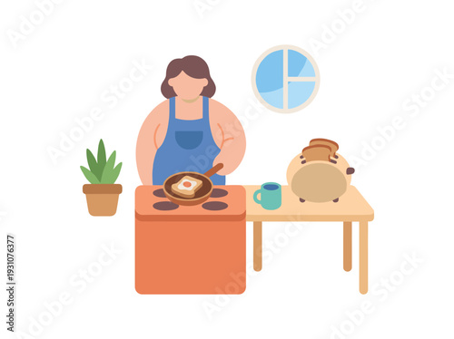 Woman cooking breakfast in the kitchen.