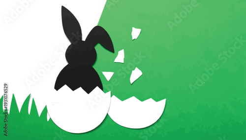 Black easter bunny silhouette emerging from a cracked white egg shell.