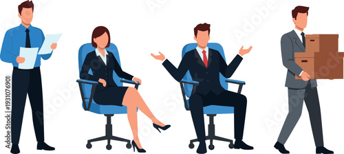 Collection of business professionals in suits including office relocation and document review flat illustration