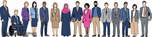 Collection of diverse business professionals in formal suits and business attire including man in wheelchair illustration
