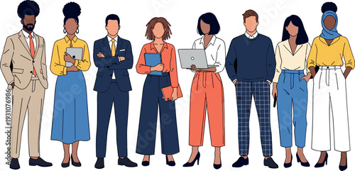 Group of diverse professional men and women standing together in modern office attire flat illustration