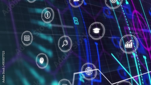 Cyan beam sweeping activating UI icons causing pulses linking symbols camera tilting for network