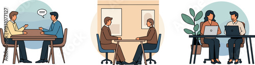 Professional business meeting and collaboration illustration set with colleagues talking at office desks and cafe tables flat vector