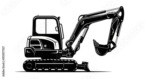Compact excavator, digger, construction vehicle, heavy machinery, industrial equipment, white background