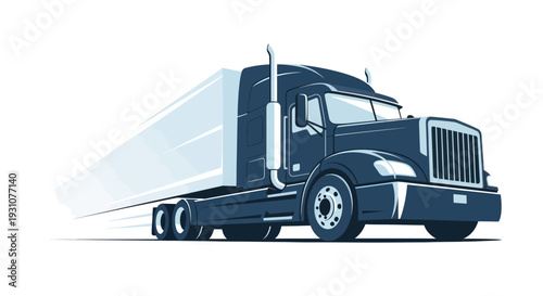 Dark Blue Semi Truck Driving Fast on White Background, Logistics and Transport