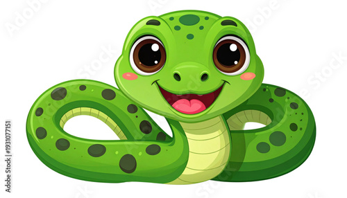 A cheerful cartoon snake with a friendly smile and expressive eyes isolated on transparent background
