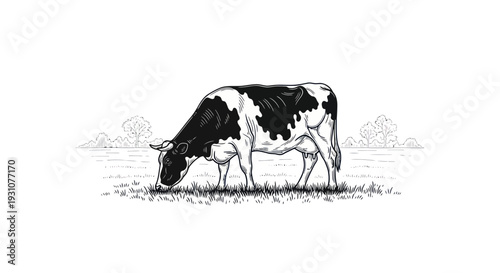 Hand-drawn illustration of a black and white cow grazing in a field with trees in the background.