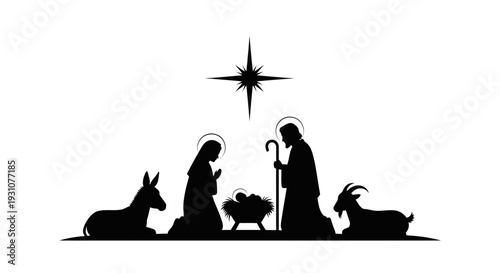 Nativity Scene Silhouette: Mary, Joseph, Baby Jesus, Donkey, Goat, Star