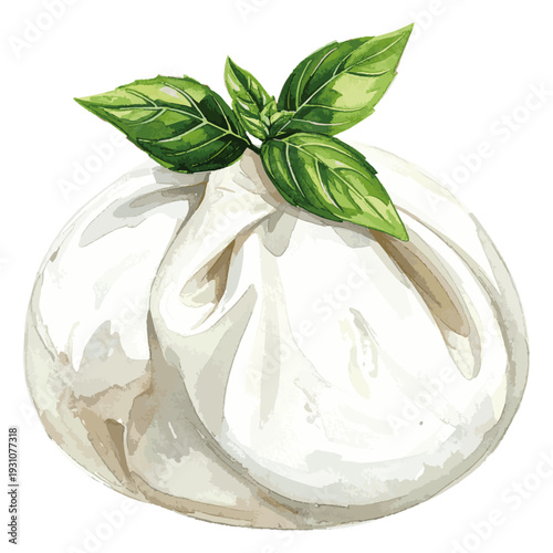 Gourmet Burrata with Fresh Basil Leaves Watercolor Illustration