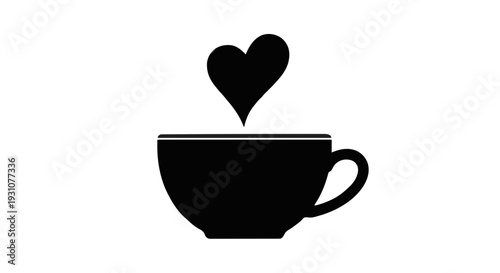 Black and white silhouette icon of a steaming coffee cup with a single heart-shaped steam wisp, flat vector style, crisp edges, empty white background