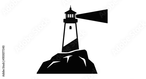 Classic Lighthouse Silhouette Icon on Jagged Cliff with Bold Light Beam, Minimalist Black and White Vector Illustration