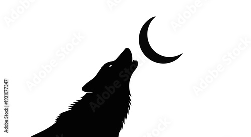 Lone Wolf Howling at Crescent Moon Silhouette, Black Line Art Flat Vector Icon on Empty White Background