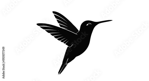 Elegant Black Vector Silhouette of a Hummingbird in Mid-Flight with Wings Spread, Isolated on a Clean White Background. Minimalist Bird Logo Icon Design.