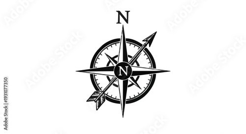 Black and white stylized compass rose icon with a prominent north arrow and 'N' letter, featuring sharp clean lines in a flat vector silhouette style on an empty white background, symbolizing directio