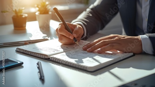 Professional writing in notebook with pen, hands visible, modern office setting, high-resolution stock photo