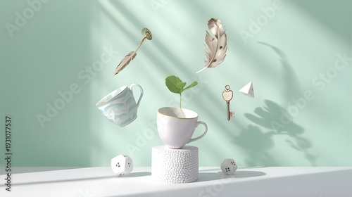 Floating everyday objects in perfect balance, a playful surreal concept with a coffee cup, plant, and keys suspended in mid-air, studio lighting, high resolution image