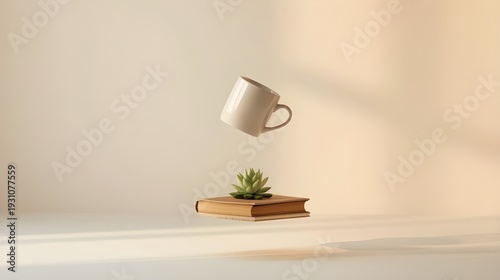 Floating coffee cup with plants on a book, serene morning atmosphere, minimalist scene, modern lifestyle concept, surreal style