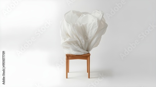 A wooden chair slowly transforming into soft fabric and floating in a minimalist studio setting with a modern aesthetic.