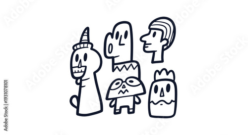 Abstract doodle art featuring a collection of quirky and diverse cartoon characters.