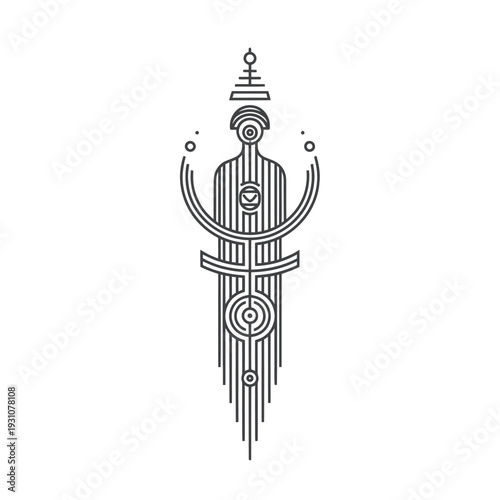 Abstract geometric human figure with intricate linear patterns and circular elements.