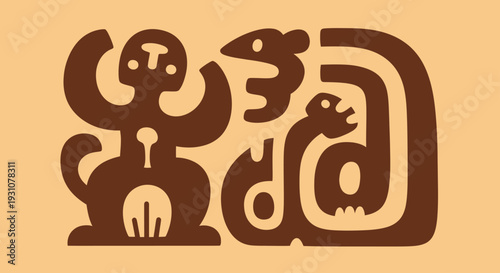 Ancient Peruvian Nazca Lines inspired art with mythical creatures.