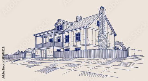 Architectural Sketch of a Traditional House with Detailed Line Work.