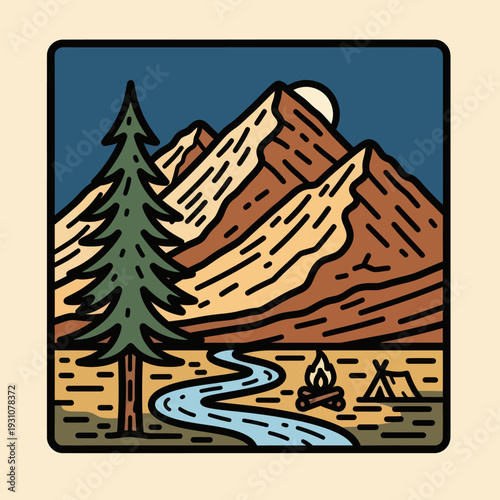 Camping in the Mountains with a River and Campfire.