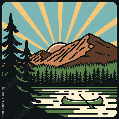 Canoe on a lake with mountains and trees at sunrise.