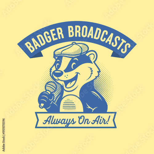 Cartoon Badger Broadcasting with Microphone and Hat.