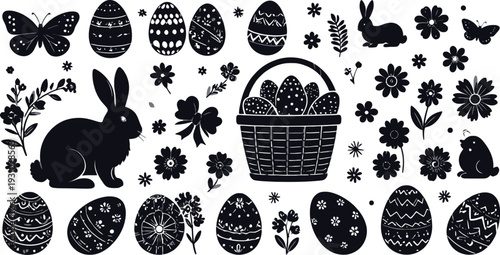 Black and white easter elements collection rabbits, eggs, butterflies, and flowers.