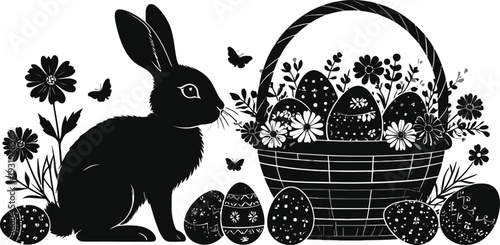 Black and white easter bunny rabbit with decorated eggs in a wicker basket.