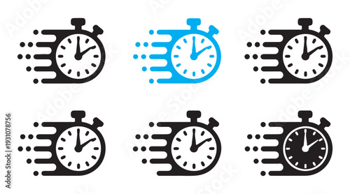 Collection of blue and black stopwatch icons with speed motion lines for timing and rapid service concept